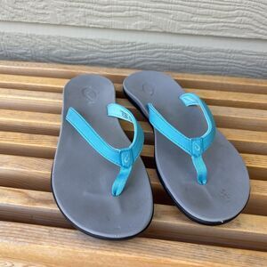 Olukai Girls Size 5 Ho’opio Teal Gray 30131 Slip On Sandal Thong